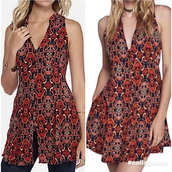Free People Get Together tunic dress, ladies 6 boho print mini dress/tunic top - Picture 1 of 12